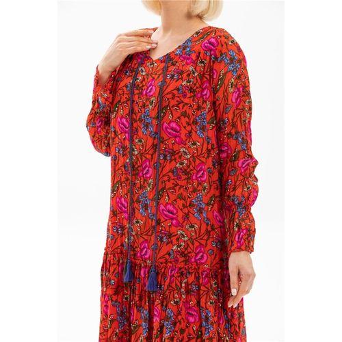 Uzun Kol Vual Gonca Uzun Yazlık Elbise Gelincik Desen Kırmızı 6160