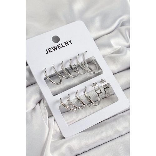 Pirinç Karışık Halka Model Gümüş Renk 6 Çift Kadın Küpe Set