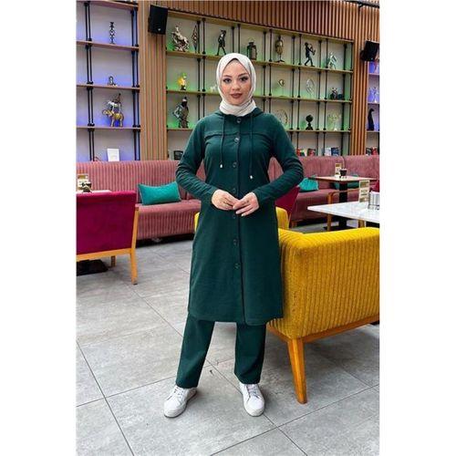 Kapşonlu Düğmeli Sade Basic Uzun Tunik ve Pantolon İkili Spor Takım - 03072.021 - Nefti