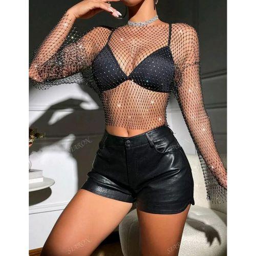 Kadın Siyah Kristal Taşlı File Crop