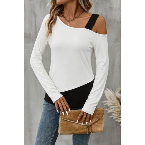 Kadın Tek Omuzu Açık Askılı çift Renkli Uzun Kollu Viskon Bluz
