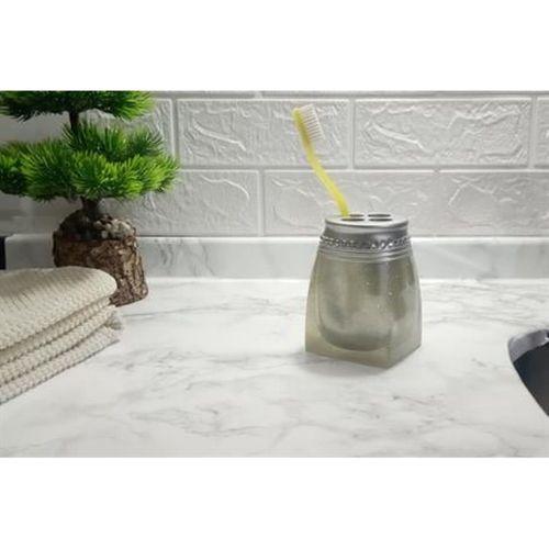 2 Adet Diş Fırçalık Kristal Taşlı Gümüş Poliresin 7X7X10Cm Banyo Seti