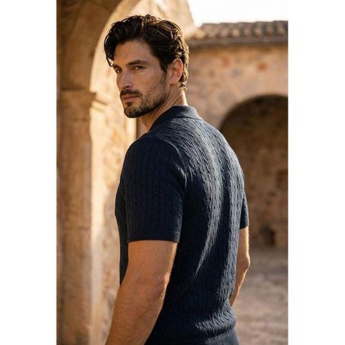 Burke Saç Örgü Yarım Fermuarlı Kısa Kollu İnce Triko Erkek T-Shirt - Lacivert