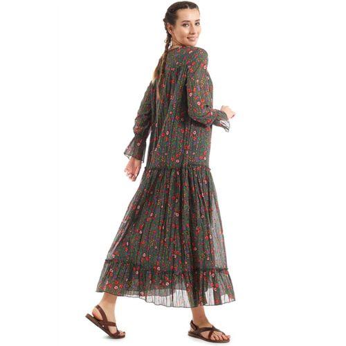 Şile Bezi Yeşil Uzun Kol Vual Çiçek Desenli Elbise