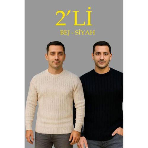 Erkek Fitilli Triko Kazak 2’li Set Bej Beyaz Kalın Dokuma Pamuklu Regular Fit Bisiklet