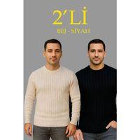 Erkek Fitilli Triko Kazak 2’li Set Bej Beyaz Kalın Dokuma Pamuklu Regular Fit Bisiklet