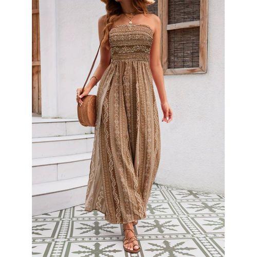 Kadın Yakası Gipe Detaylı önden Yırtmaç Detaylı Desenli Süprem Pantolun Etek Tulum