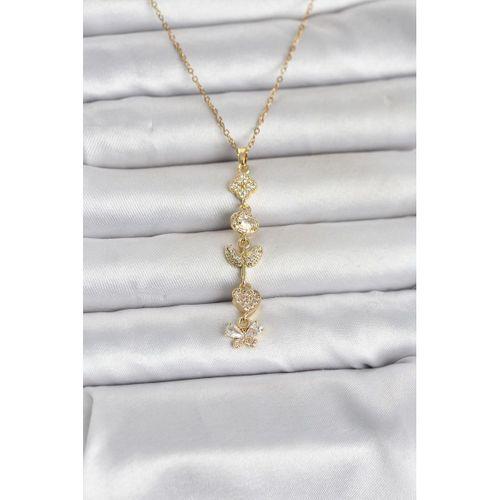 316L Çelik Gold Renk Şans Kolyesi Y Model Zirkon Taşlı Kadın Kolye