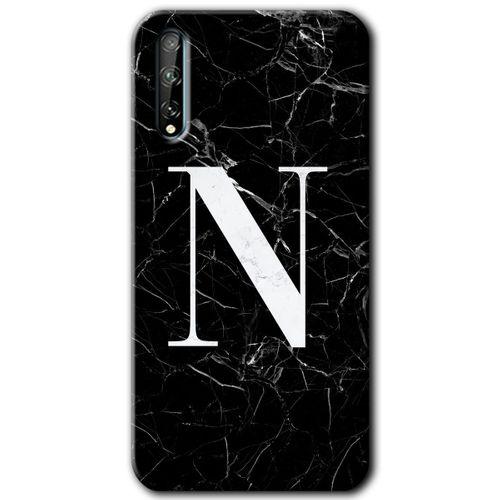 Huawei P Smart S Kılıf HD Desen Baskılı Arka Kapak - Siyah Mermer Desenli N Harfi + Kırılmaz Cam