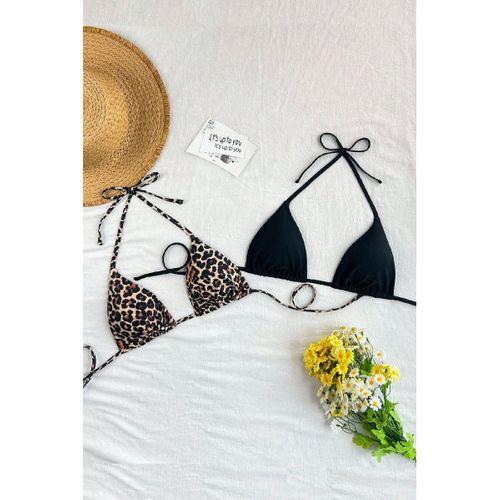 Leopar Desenli Ve Siyah 2’li Üçgen Bikini Üstü Seti Bağlamalı Minimal Kesim Kadın Mayo Üstü