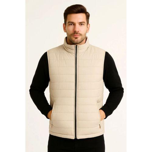 Erkek Şişme Fermuarlı Yelek Su Itici Kapitone Astarlı Kumaş Cepli Hafif Kışlık Spor Rahat Kalıp -Bej