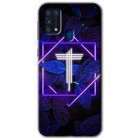 MRCİLETİSİM Samsung Galaxy M31 Kılıf Baskılı Kapak - Dark Neon Yaprak T Harfi +Tam Ekran Koruyucu