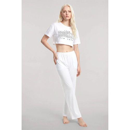 Kadın Beyaz Baskılı Crop T-shirt Pantolon Takım %100 Pamuk Rahat 2’li Set