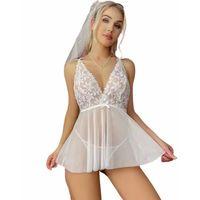 Fantezi Beyaz Dantelli Transparan Tül Etekli Seksi Elbise Gecelik