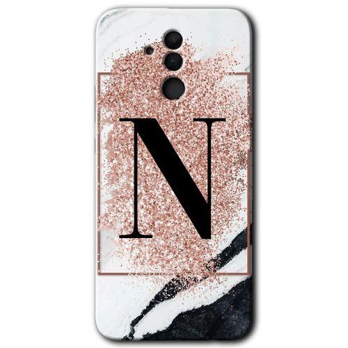 MRCİLETİSİM Huawei Mate 20 Lite Kılıf HD Desen Baskılı Arka Kapak + Temperli Cam - Pembe Mermer Desenli N Harfi