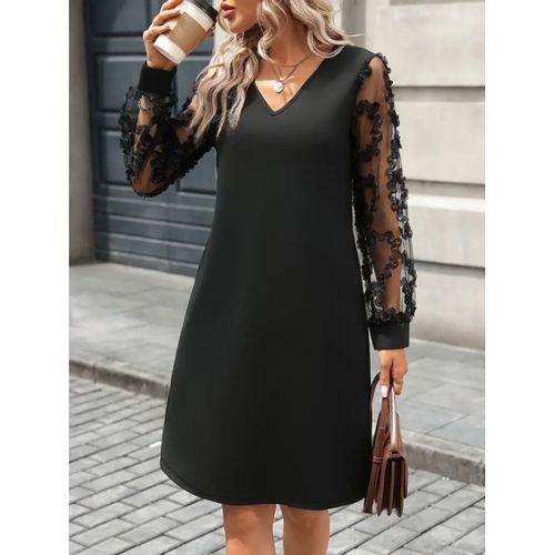 Kadın Uzun Kollu V Yakalı Tüllü Kısa Ithal Krep Mini Elbise