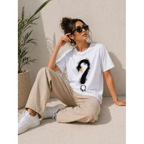 Kuğu Figürlü Soru İşareti Baskılı Tişört Kısa Kol T-Shirt - Beyaz