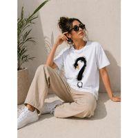 Kuğu Figürlü Soru İşareti Baskılı Tişört Kısa Kol T-Shirt - Beyaz