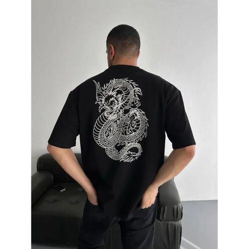 Baskılı Oversize Bisiklet Yaka T-shirt - Siyah