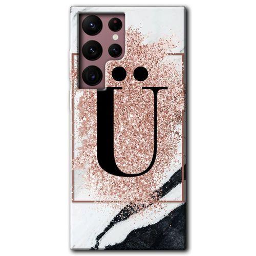 Potkal Hediye Fabrikası Samsung Galaxy S22 Ultra HD Baskılı Kılıf + 9D Tam Ekran Koruyucu - Pembe Mermer Desenli Ü Harfi