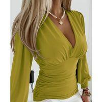Kadın Uzun Kollu Derin V Yakalı önden Büzgülü Sandy Bluz