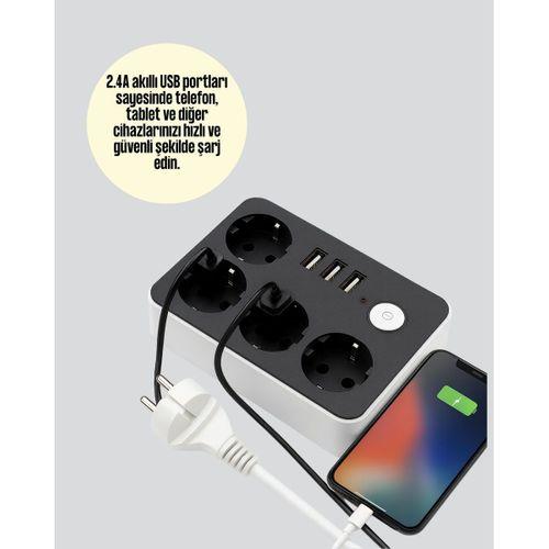 4 Prizli 3 Usb Portlu Anahtarlı Akım Korumalı Priz