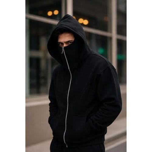 Erkek Maskeli Ninja Model Çift Kapüşonlu 3 İplik Şardonlu Fermuarlı Sweatshirt - Siyah