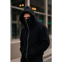 Erkek Maskeli Ninja Model Çift Kapüşonlu 3 İplik Şardonlu Fermuarlı Sweatshirt - Siyah