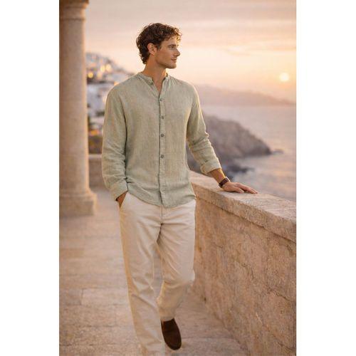 Hafif ve Nefes Alabilir Erkek Müslin Yarım Pat Hakim Yaka Oversize Gömlek - Açık Haki