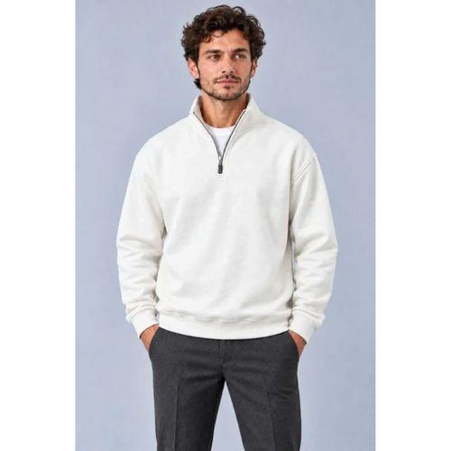 Erkek Üç İplik İçi Şardonlu Dik Yaka Yarım Fermuarlı Kışlık Sweatshirt - Beyaz