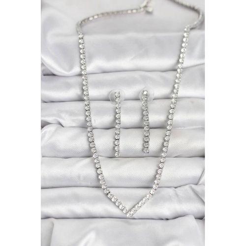 Gümüş Renk Zirkon Taşlı Kadın Kolye Küpe Seti