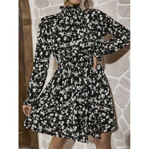 Kadın Uzun Kollu Balıkçı Yaka çiçek Baskılı Helen Kumaş Elbise