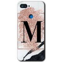 MRCİLETİSİM Xiaomi Mi 8 Lite Kılıf HD Desen Baskılı Arka Kapak+Temperli Cam - Pembe Mermer Desenli M Harfi