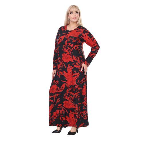 Melsay Butik Yumoş Kumaş Kırmızı Tropik Desen Uzun Kollu Kadın Tesettür Elbise