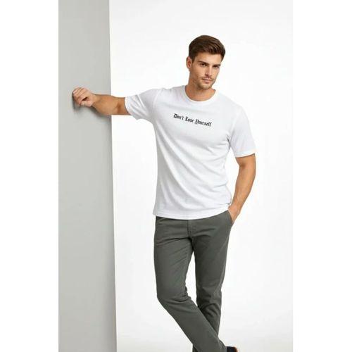 Erkek Wafıl Kumaş Tişört Regular Kalıp Bisiklet Yaka Baskılı Günlük Basic T-Shirt - Beyaz