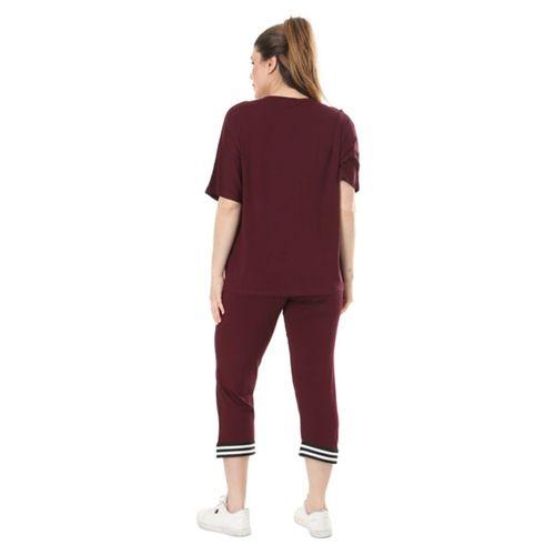 Melsay Butik Bordo V Yaka Şerit Detaylı Kısa Kollu Beli Lastikli Kapri Takım