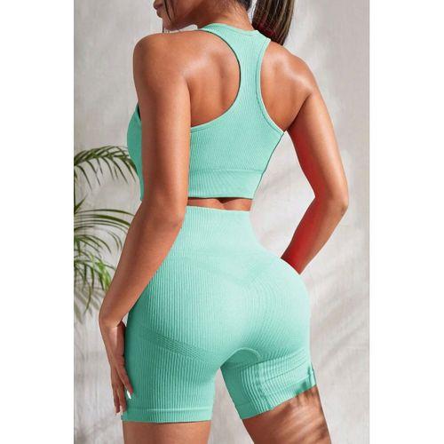 Kadın Açık Mavi Fit Görünümlü Yüksek Bel Spor Crop Top Şort Takımı