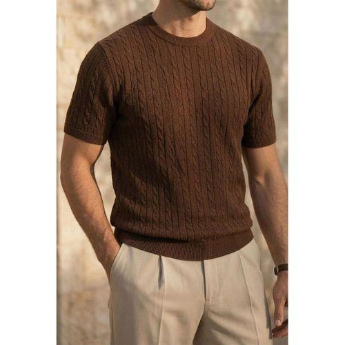 Walsh Saç Örgü Desenli Bisiklet Yaka İnce Triko Erkek T-Shirt - Kahve