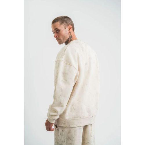 Erkek 3 İplik Pamuklu Yağ Yıkamalı Sweatshirt Double Oversize Bisiklet Yaka Uzun Kol - Krem