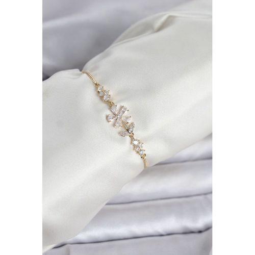 Gold Renk Zirkon Taşlı Papatya Model Asansörlü Kadın Bileklik