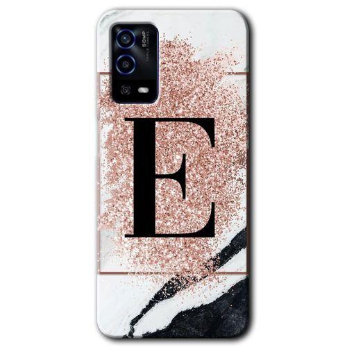 Oppo A55 Kılıf HD Desen Baskılı Arka Kapak - Pembe Mermer Desenli E Harfi + Kırılmaz Cam