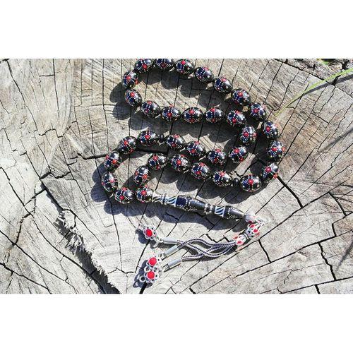 Kule Model Gümüş İşlemeli Oltu Sıkması Tespih