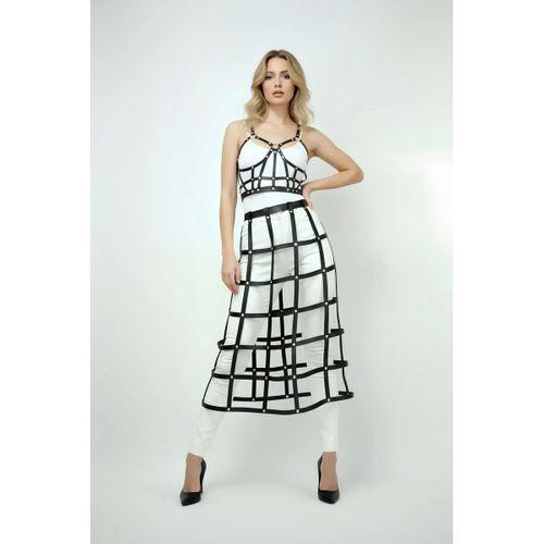 Siyah Etek Kafes Detaylı Etek Midi Boy Deri Etek - Brf1013