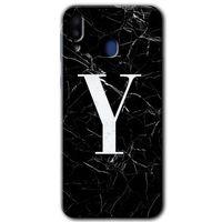 MRCİLETİSİM Samsung Galaxy M10 Kılıf HD Desen Baskılı Arka Kapak + Temperli Cam - Siyah Mermer Desenli Y Harfi