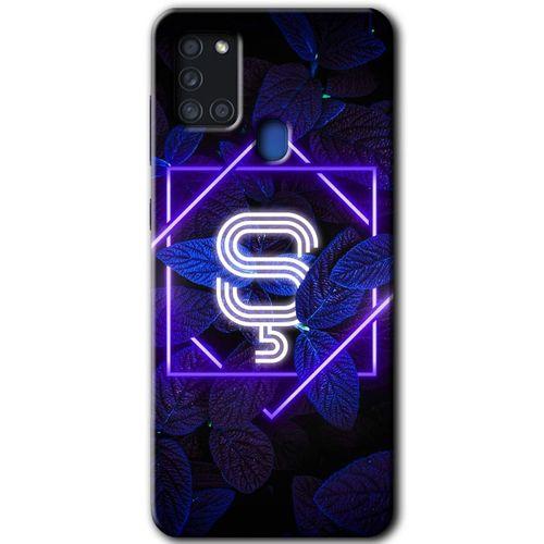 MRCİLETİSİM MRCİLETİSİM Samsung Galaxy A21s Kılıf HD Desen Baskılı Arka Kapak + Temperli Cam - Dark Neon Yaprak Ş Harfi