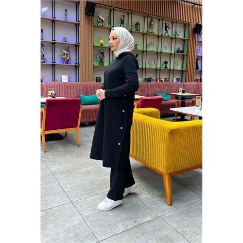 Kapşonlu Yandat Çıtçıtlı Sade Basic Uzun Tunik ve Pantolon İkili Spor Takım - 03071.003 - Siyah