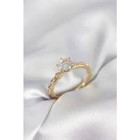 Gold Renk Zirkon Taşlı Tek Taş Model Kadın Yüzük
