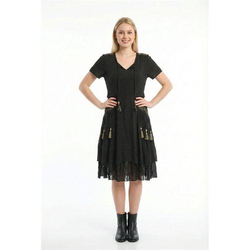 Kısa Kol Nil Vual Diz Boyu Çift Cepli Nakışlı Yazlık Elbise Siyah Syh