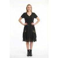 Kısa Kol Nil Vual Diz Boyu Çift Cepli Nakışlı Yazlık Elbise Siyah Syh