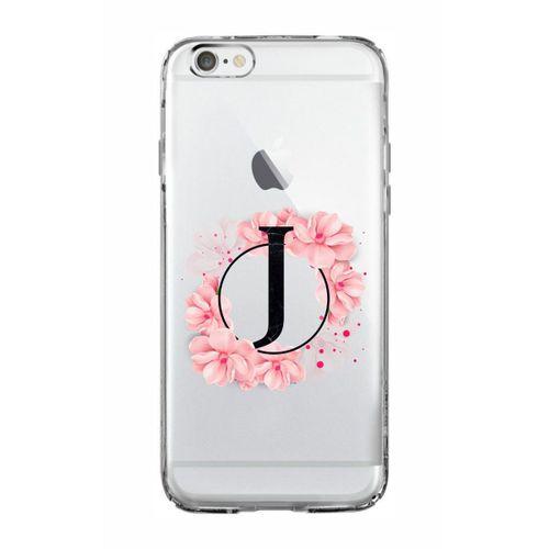 iPhone 6 Pembe Çiçek Desen J Harfli Şeffaf Kılıf